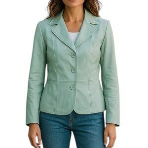 Caslon Women's Genuine Leather Jacket Button Blue Size Small